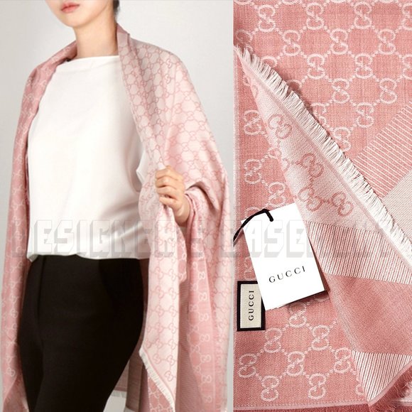 GUCCI 2-tone Pink & Ivory GGWEB giant 55"-sqr wool/silk pashmina shawl scarf NWT - Picture 1 of 13